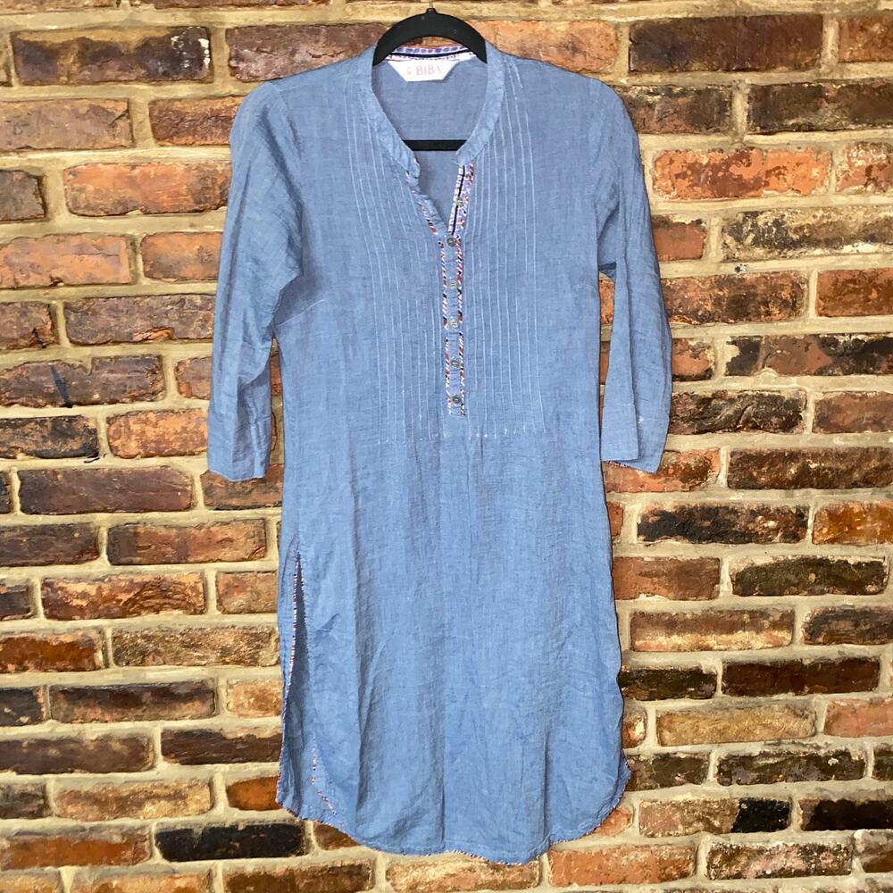 Biba Blue Cotton Chambray Long Sleeve Kurta Dress Women's Size 34 Medium